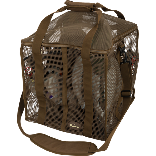 Floater Series Decoy Bag: a brown mesh bag with a strap, featuring a zippered top and multiple slots for decoys.