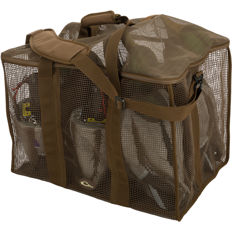 Floater Series Decoy Bag displaying rot-proof, vinyl-coated mesh with zippered lid and polypropylene webbing shoulder straps for easy carrying. Ideal for hunting decoy storage.