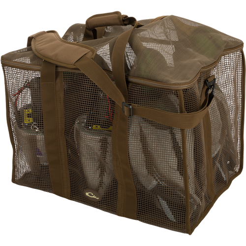 Floater Series Decoy Bag displaying rot-proof, vinyl-coated mesh with zippered lid and polypropylene webbing shoulder straps for easy carrying. Ideal for hunting decoy storage.