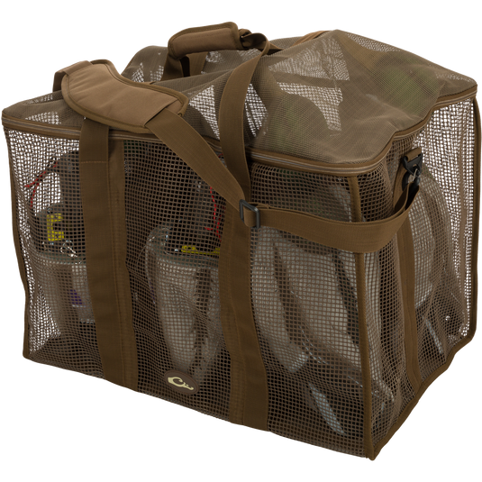 Floater Series Decoy Bag displaying rot-proof, vinyl-coated mesh with zippered lid and polypropylene webbing shoulder straps for easy carrying. Ideal for hunting decoy storage.