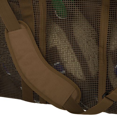 Alt text: A Floater Series Decoy Bag with mesh material, shoulder strap, and zippered top for secure, quick-drying decoy storage.