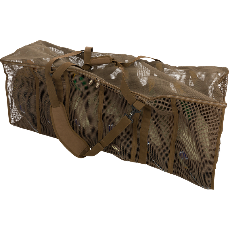 Floater Series Decoy Bag with vinyl-coated mesh and zippered lid for secure, waterproof storage of decoy floaters. Designed for easy carrying with polypropylene straps.