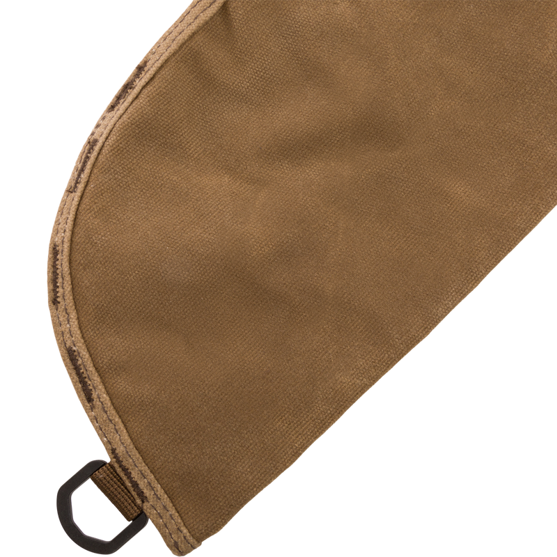 Close-up of the Wax Cotton Gun Sleeve, highlighting the wax canvas material, Velcro closure, and braided rope handle, designed for shotgun protection and easy transport.