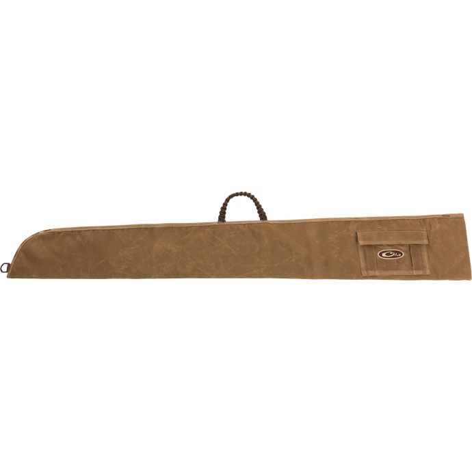 Wax Cotton Gun Sleeve with braided handle and Velcro closure, designed for hunting, made from durable wax canvas to protect shotguns during transport.