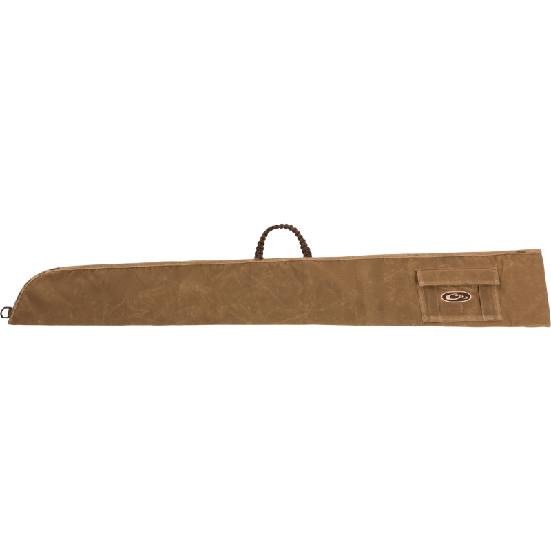 Wax Cotton Gun Sleeve with braided handle and Velcro closure, designed for hunting, made from durable wax canvas to protect shotguns during transport.