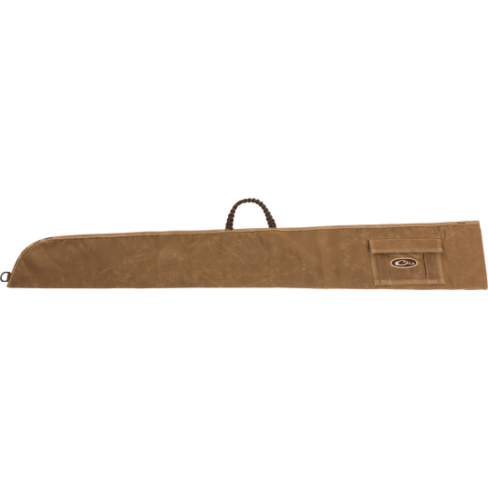 Wax Cotton Gun Sleeve with braided handle and Velcro closure, designed for hunting, made from durable wax canvas to protect shotguns during transport.