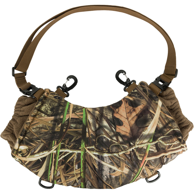 LST Handwarmer Muff - Old School, camouflage pattern, features front storage pocket, clear waterproof cell phone pocket, clips for wader attachment, and quick-release waist belt.