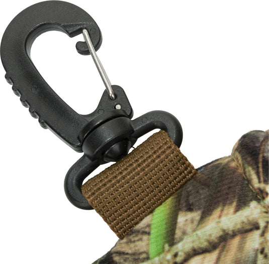 Close-up of the LST Handwarmer Muff - Old School, highlighting a carabiner clip and strap for attaching to wader D-rings.