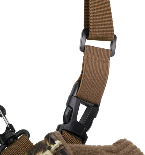 Close-up of the LST Handwarmer Muff - Old School, highlighting the strap, buckle, and attachment clip for wader D-rings.