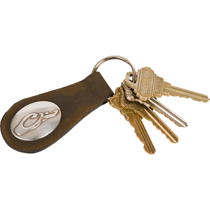 Leather Key Chain featuring a Drake logo on a brushed silver emblem, with a sturdy leather strap and heavy-gauge ring for secure key storage.