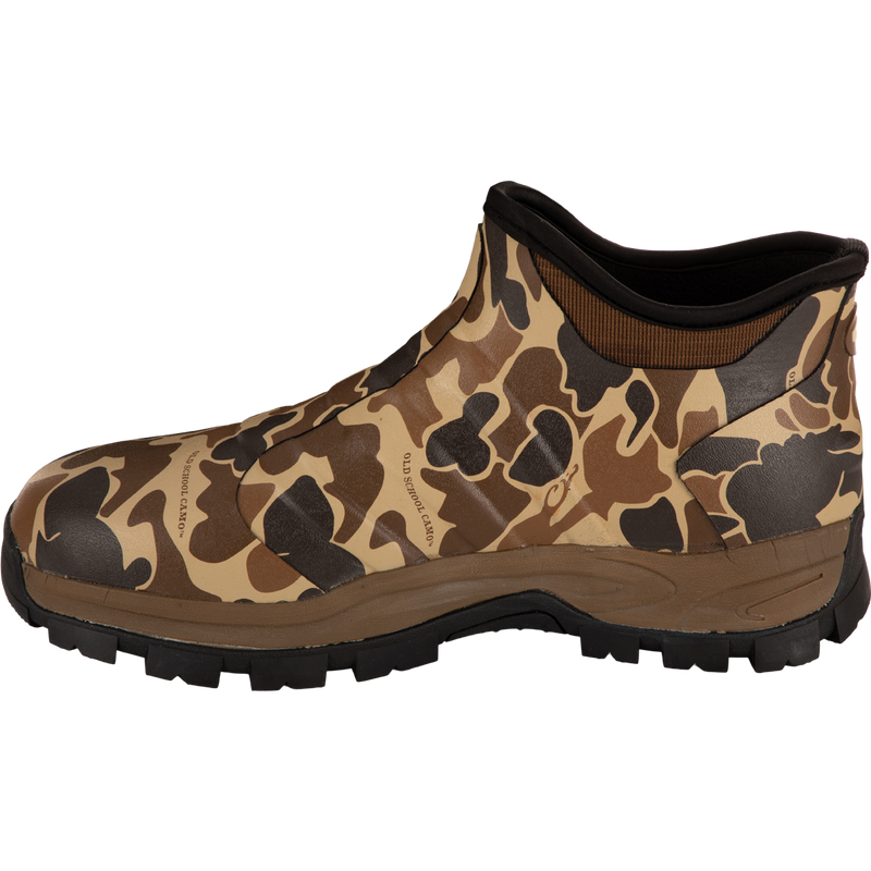 Camouflage 6 Uninsulated Camp Boot with black sole, featuring neoprene liner, molded EVA midsole, and athletic tread for comfort and traction.