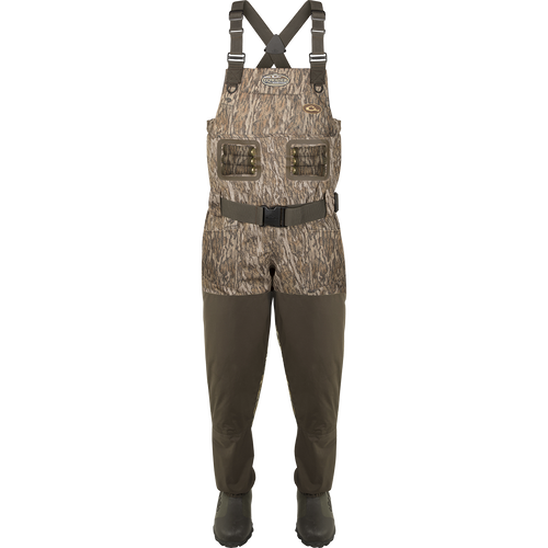 Alt text: Youth Eqwader 1600 Breathable Wader with Tear-Away Liner featuring X-Crossing-Back Shoulder Straps and Buckshot Mudder Boots.