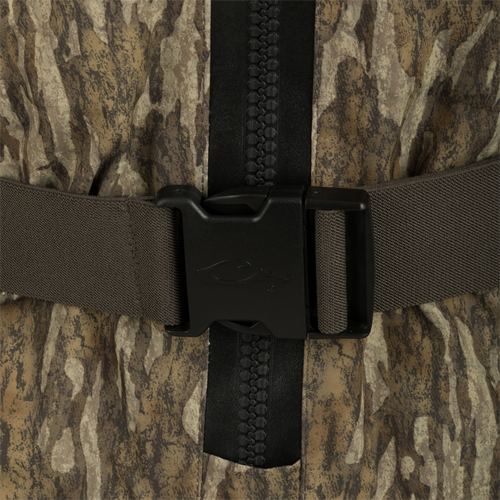 Uninsulated Guardian Elite HND Front Zip Wader - Original Treestand: Close-up of zipper & buckle on waterproof hunting wader.