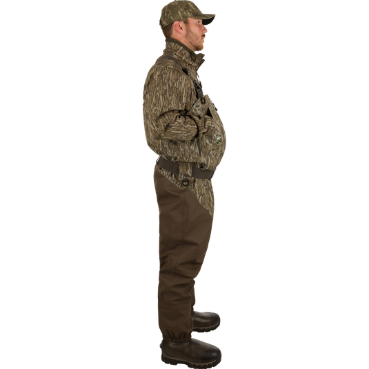 Uninsulated Guardian Elite HND Front Zip Wader - Original Treestand: A man in camouflage clothing wearing the Guardian Elite HND Front Zip Wader, featuring a close-up of a boot and a close-up of a man's face.