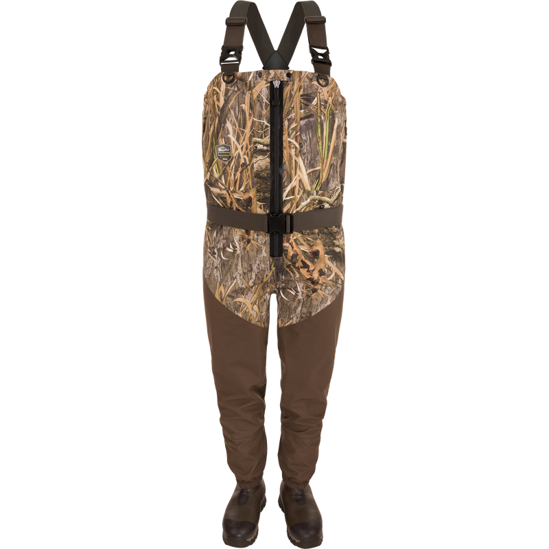 Uninsulated Guardian Elite HND Front Zip Waders - Habitat featuring waterproof/breathable 4-layer upper body, 5-layer legs, EVA midsole boot, X-Crossing-Back Straps, Magnattach™ pockets, and TiZIP® MasterSeal zipper.