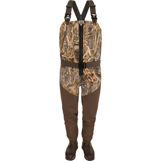 Uninsulated Guardian Elite HND Front Zip Waders - Habitat featuring waterproof/breathable 4-layer upper body, 5-layer legs, EVA midsole boot, X-Crossing-Back Straps, Magnattach™ pockets, and TiZIP® MasterSeal zipper.