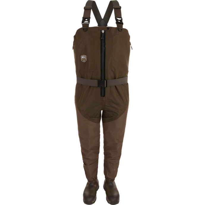 Uninsulated Guardian Elite HND Front Zip Waders - Green Timber with X-Crossing-Back Shoulder Straps, Magnattach™ Call Pockets, and EVA Midsole for comfort and durability.