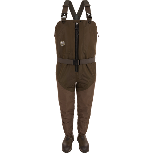 Uninsulated Guardian Elite HND Front Zip Waders - Green Timber with X-Crossing-Back Shoulder Straps, Magnattach™ Call Pockets, and EVA Midsole for comfort and durability.