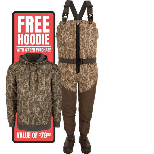 Uninsulated Guardian Elite HND Front Zip Waders featuring camouflage design, quick-access pockets, and durable boots, ideal for hunting in challenging outdoor conditions.