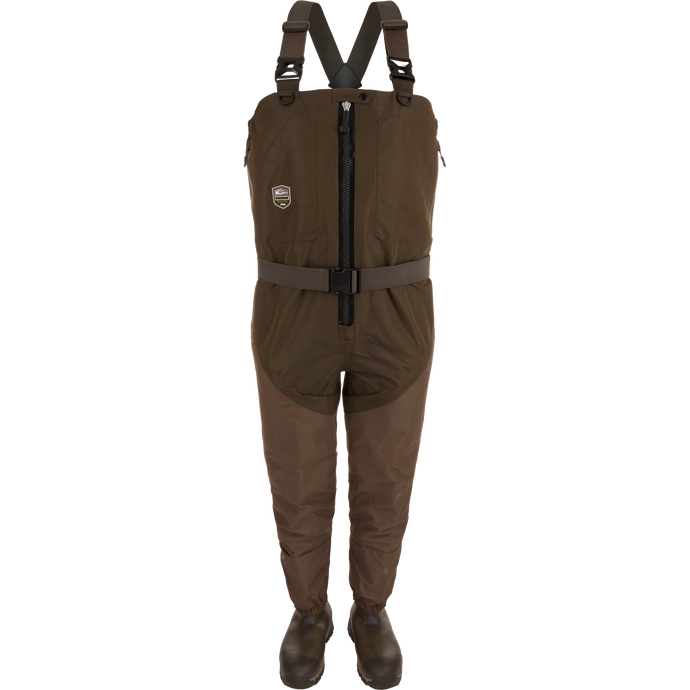 Alt text: Guardian Elite Hybrid Insulated Front Zip Wader with durable TiZIP zipper, reinforced seams, and Thinsulate-lined boots for outdoor activities.