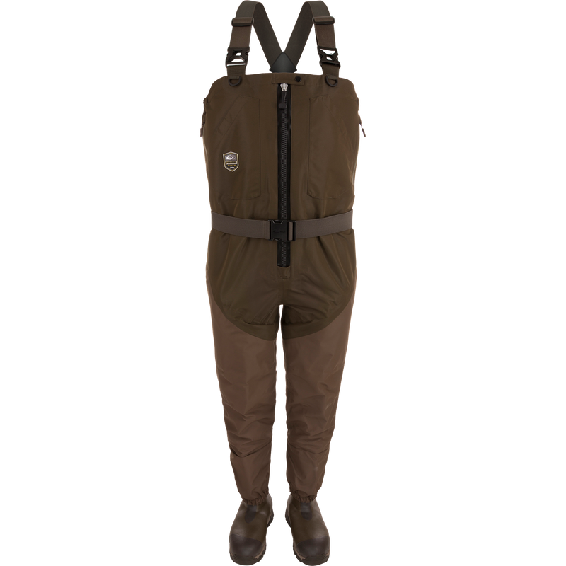 Alt text: Guardian Elite Hybrid Insulated Front Zip Wader with durable TiZIP zipper, reinforced seams, and Thinsulate-lined boots for outdoor activities.