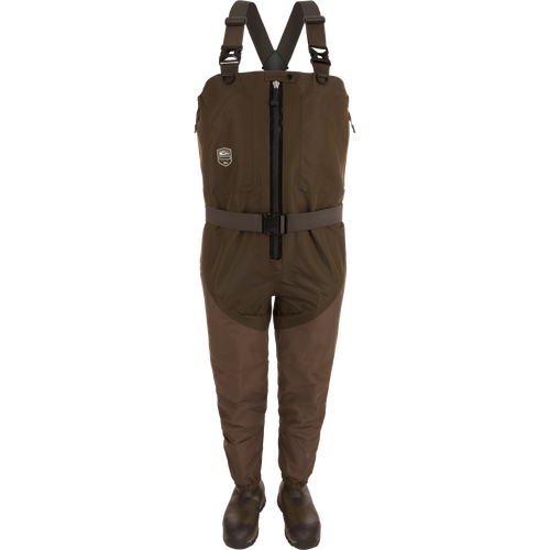 Alt text: Guardian Elite Hybrid Insulated Front Zip Wader with durable TiZIP zipper, reinforced seams, and Thinsulate-lined boots for outdoor activities.