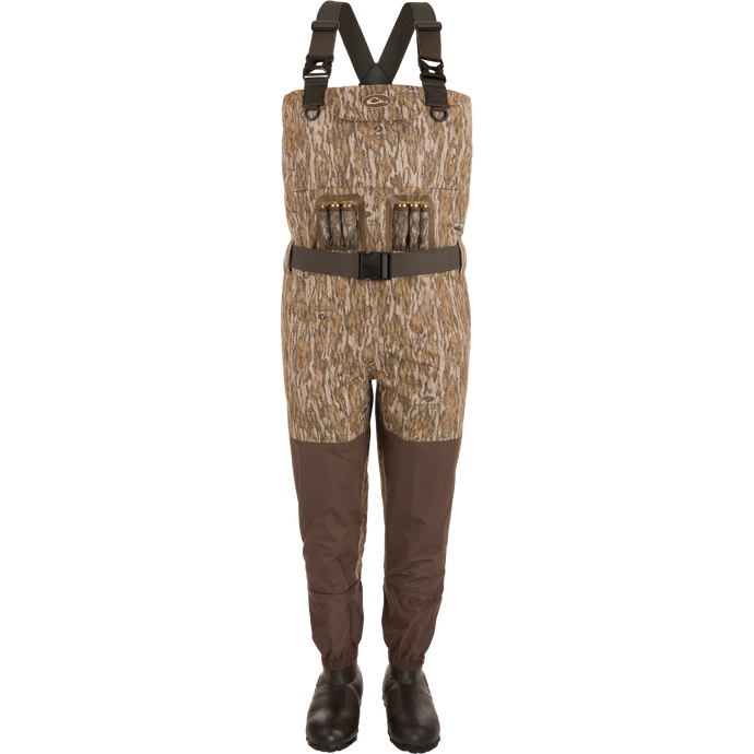 Uninsulated Guardian Elite Vanguard Breathable Waders featuring 1600g Thinsulate Buckshot Mud Boots, reinforced seams, handwarmer pockets, front cargo pouch, and vertical shell loops.