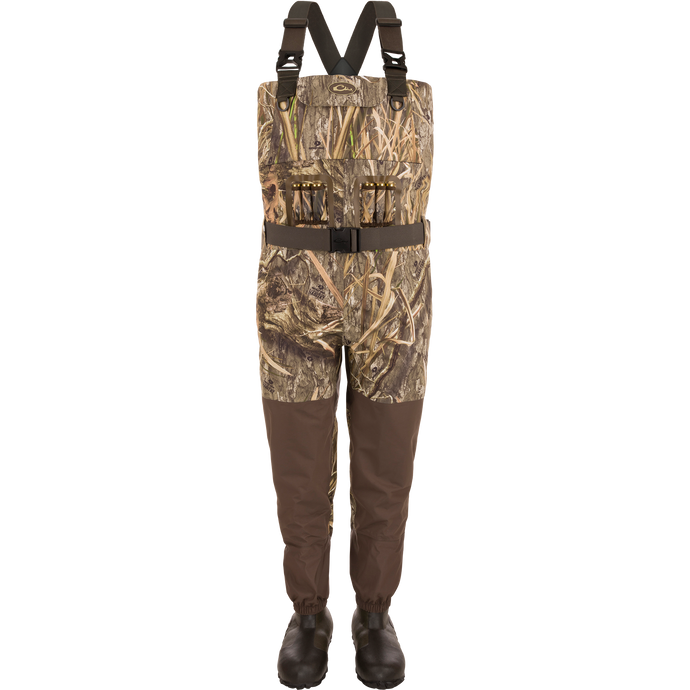 Uninsulated Guardian Elite Vanguard Breathable Wader with camouflage overalls, reinforced taped seams, and 1600g Thinsulate Buckshot Mud Boots, ideal for extreme hunting conditions.