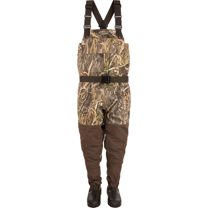 Insulated Breathable Chest Wader with Sewn-in Liner featuring camouflage overalls, no-buckle shoulder straps, front cargo pouch, and mud boots for versatile hunting protection.