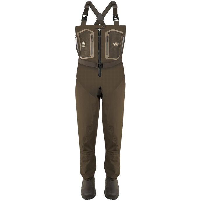 Guardian Elite Front Zip Insulated Wader with straps, reinforced boots, zippered pockets, and durable waterproof fabric for hunting and fishing comfort.