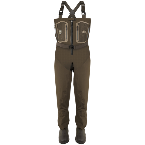 Guardian Elite Front Zip Insulated Wader with straps, reinforced boots, zippered pockets, and durable waterproof fabric for hunting and fishing comfort.