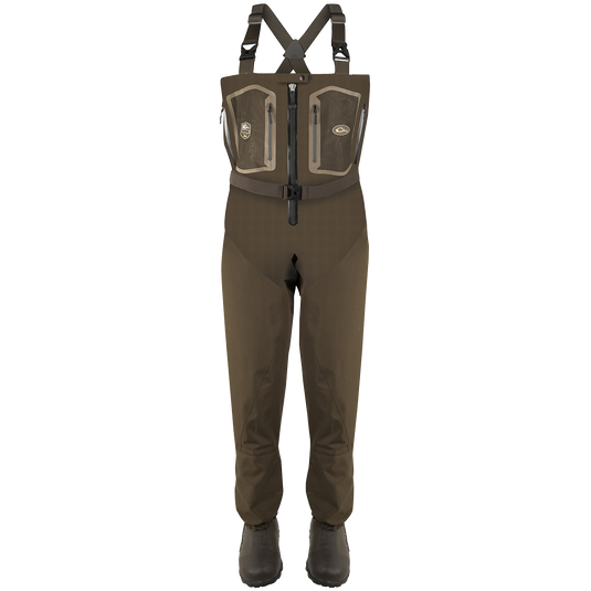 Guardian Elite Front Zip Insulated Wader with straps, reinforced boots, zippered pockets, and durable waterproof fabric for hunting and fishing comfort.