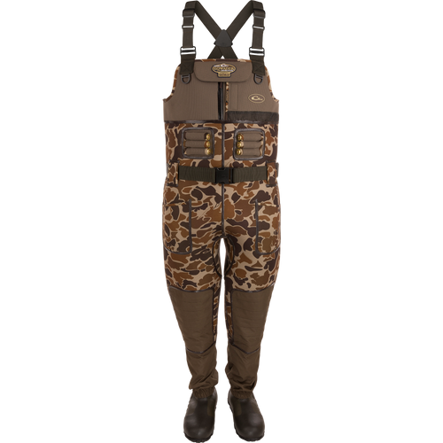 Buckshot Eqwader 1600 Neoprene Wader 3.0 featuring camouflage overalls with straps and built-in boots, designed for maximum seam protection and comfort for waterfowl hunters.