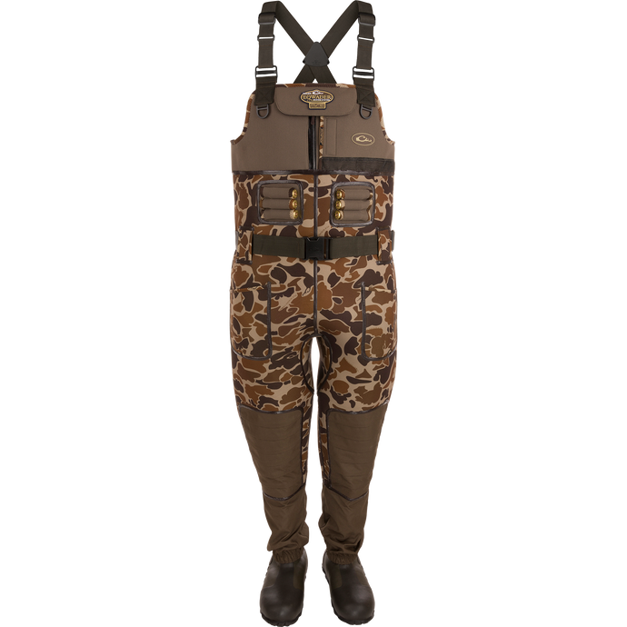 Buckshot Eqwader 1600 Neoprene Wader 3.0 featuring camouflage overalls with straps and built-in boots, designed for maximum seam protection and comfort for waterfowl hunters.