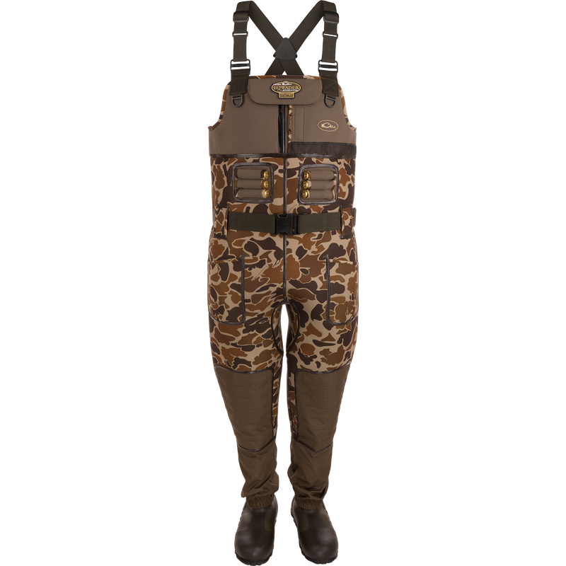 Buckshot Eqwader 1600 Neoprene Wader 3.0 featuring camouflage overalls with straps and built-in boots, designed for maximum seam protection and comfort for waterfowl hunters.