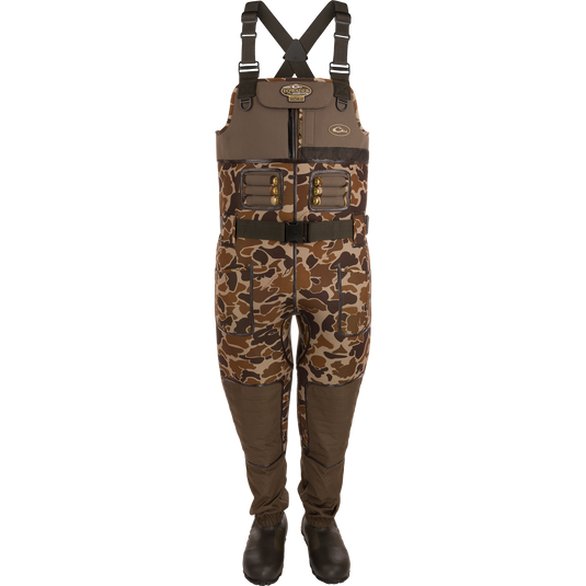 Buckshot Eqwader 1600 Neoprene Wader 3.0 featuring camouflage overalls with straps and built-in boots, designed for maximum seam protection and comfort for waterfowl hunters.