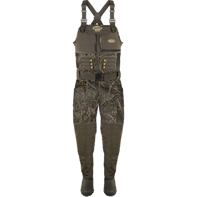 Buckshot Eqwader 1600 Neoprene Wader 3.0 displayed with camouflage overalls, emphasizing its durable construction and comprehensive seam protection for waterfowl hunting.