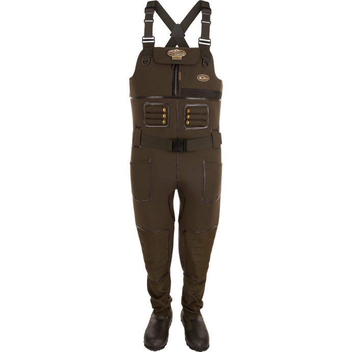 Buckshot Eqwader 1600 Neoprene Wader 3.0 with no-buckle shoulder straps, waterproof seams, and Buckshot Mud boots, designed for reliable waterfowl hunting.