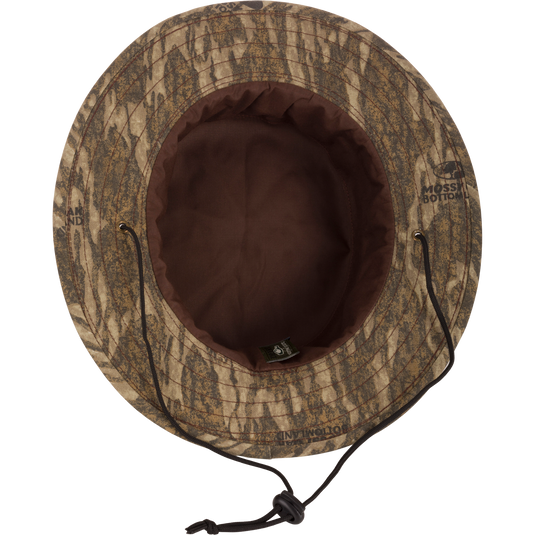 Alt text: DUK Boonie Hat with brown band, adjustable drawstring, and full brim for 360-degree sun protection.