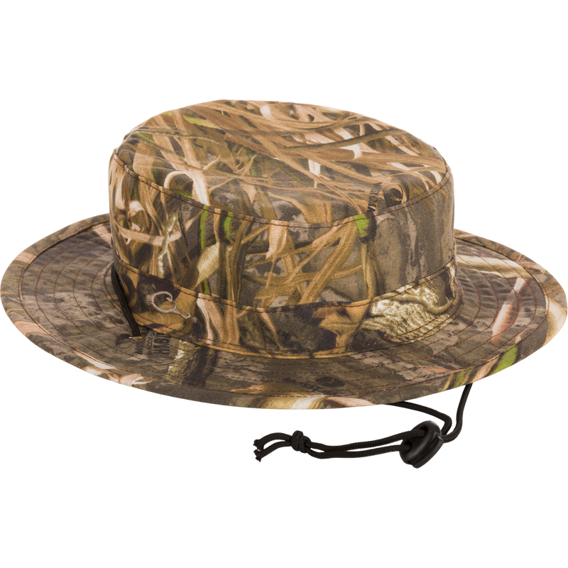 Camouflage DUK Boonie Hat with black adjustable drawstring, full brim for sun protection, and lightly structured design for all-weather wear.