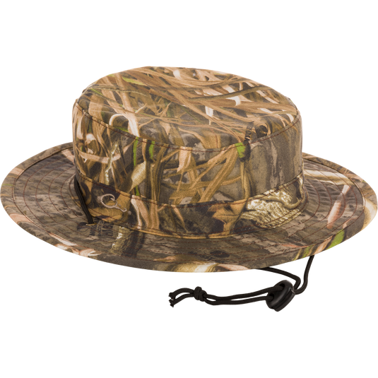 Camouflage DUK Boonie Hat with black adjustable drawstring, full brim for sun protection, and lightly structured design for all-weather wear.