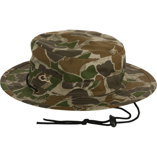 Camouflage DUK Boonie Hat with adjustable drawstring and full brim for 360-degree sun protection.