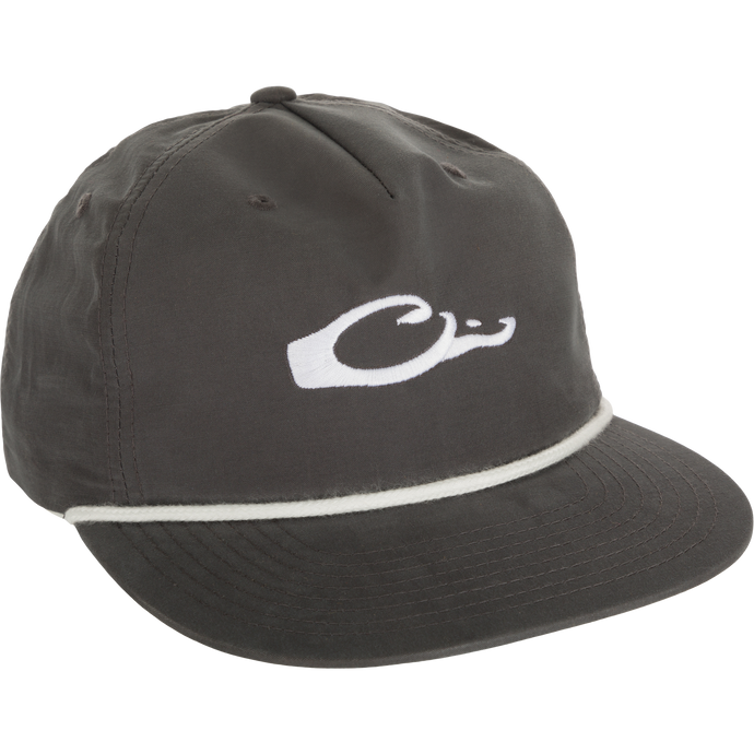 Drake Logo Rope Cap with white logo, flat bill, and adjustable snap-back closure, made of breathable cotton/nylon fabric for sun protection and style.