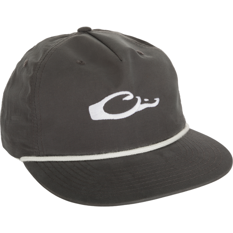 Drake Logo Rope Cap with white logo, flat bill, and adjustable snap-back closure, made of breathable cotton/nylon fabric for sun protection and style.