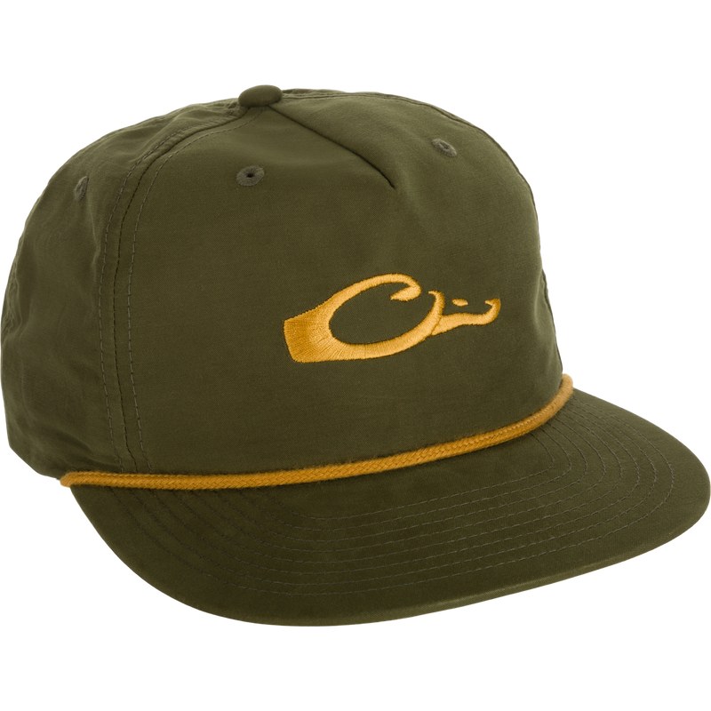 Alt text: Drake Logo Rope Cap with a gold logo, flat bill, and adjustable snap-back closure for a comfortable fit.