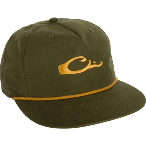Alt text: Drake Logo Rope Cap with a gold logo, flat bill, and adjustable snap-back closure for a comfortable fit.
