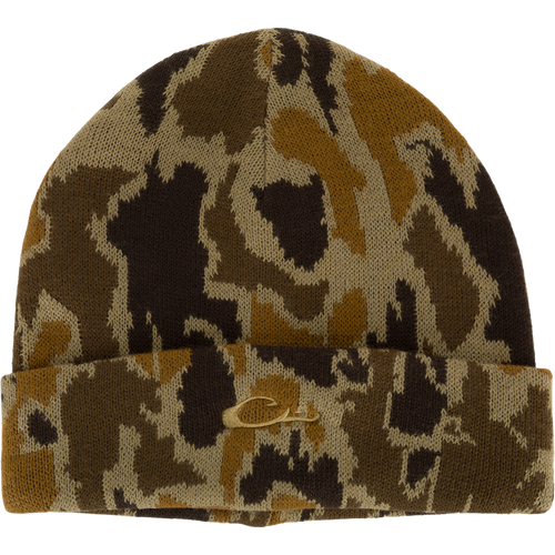 LST Acrylic Beanie from Drake Waterfowl: Camouflage knit fabric with 3mm foam stitch, featuring a flat stitch Drake logo. Ideal for outdoor activities, one-size-fits-most design for superior comfort and warmth.