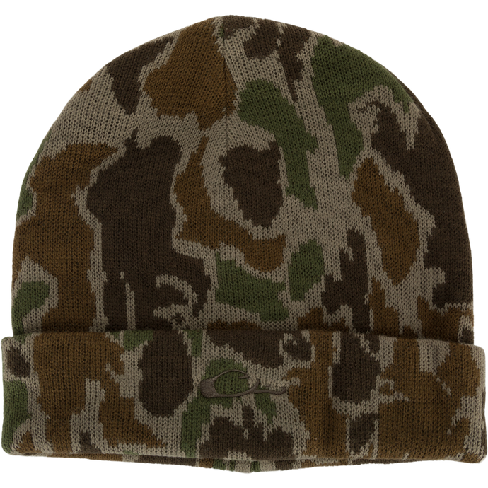 LST Acrylic Beanie with camouflage pattern, featuring 3mm foam stitch, flat stitch Drake logo. Ideal for outdoor activities, one size fits most. Dimensions: 8.5” W x 8.0” H with 2.5” H cuff.