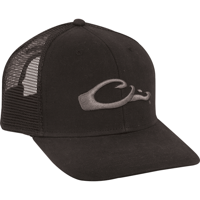 Mesh Back Flat Bill Cap with raised embroidered Drake duck head logo and adjustable snapback closure, featuring structured front panels and poly mesh back.