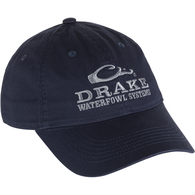 Blue Cotton Twill Systems Cap with white text, contoured bill, and brass buckle backstrap. Final Sale item from Drake Waterfowl, known for high-quality hunting gear.